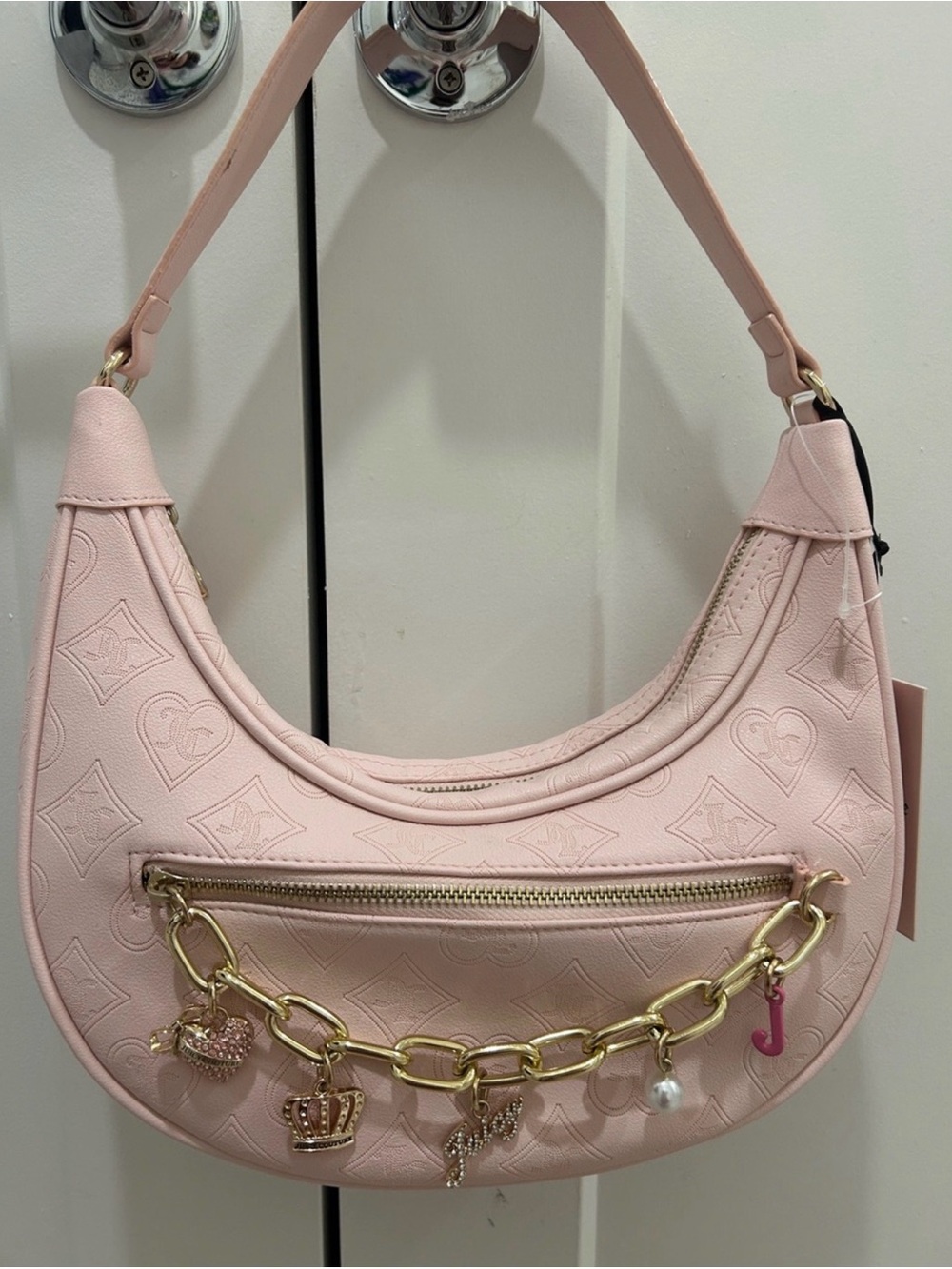 Juicy Couture Pink Embossed Hobo Shoulder Bag with Gold Charm Chain